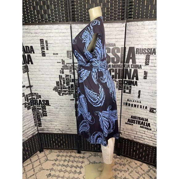 Sweet 10 Brown-Blue Print V-Neck Twisted Waist Cap Sleeve Below Knee Dress - Picture 4 of 5